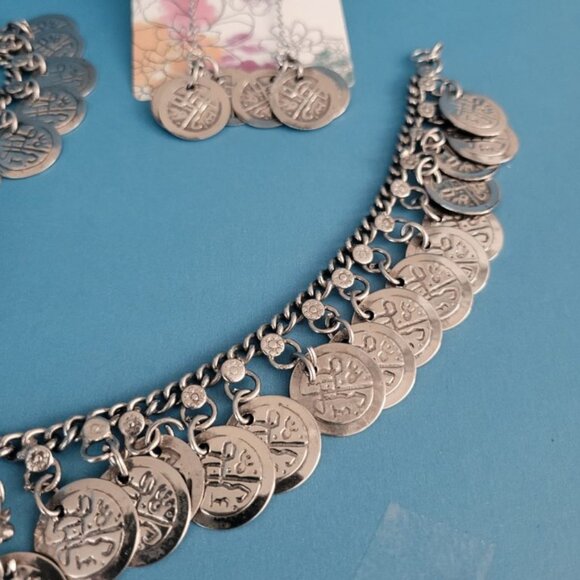 3 Pc Vintage Estate Belly Dancer Coin Chain Upcycled Necklace Bracelet, Earrings - Picture 4 of 16